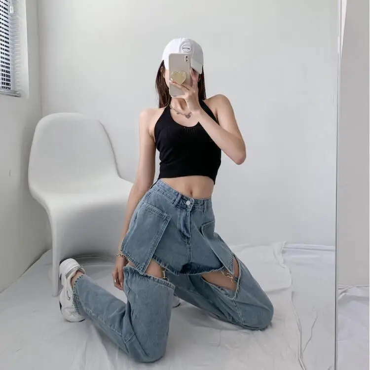 Джинсы женские рваные с высокой талией в стиле Харадзюку | Женская одежда