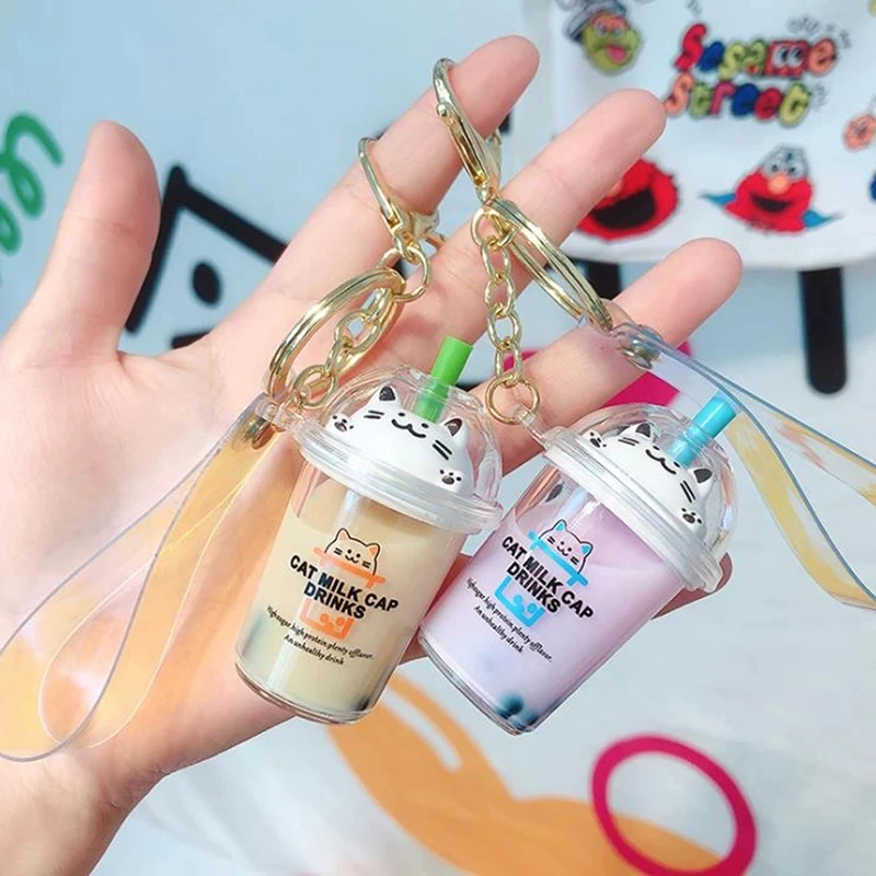 

1Pc Keychain Cartoon Cat Car Keychain Milk Tea Cup Key Ring Women Bags Pendant