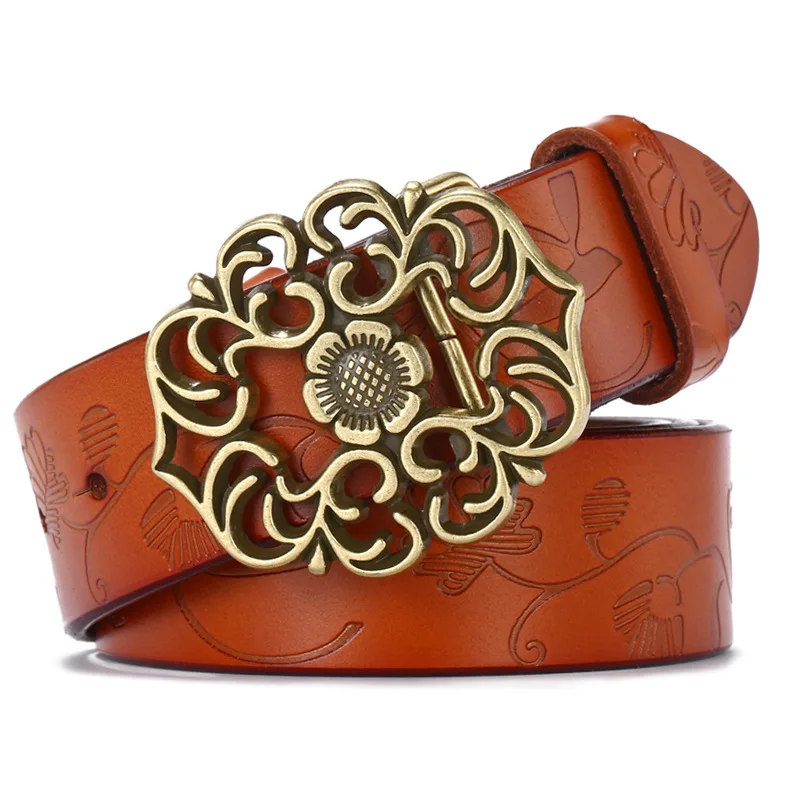Brand Women Belt Designer Genuine Leather Vintage Carved Flower Strap Girls Ladies' Belts For Jeans Smooth Buckle Accessories