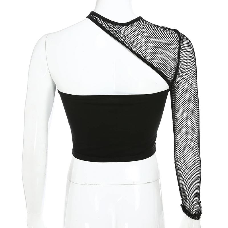 HEYounGIRL лоскутный сетчатый ажурный топ на одно плечо Сексуальная черная футболка с