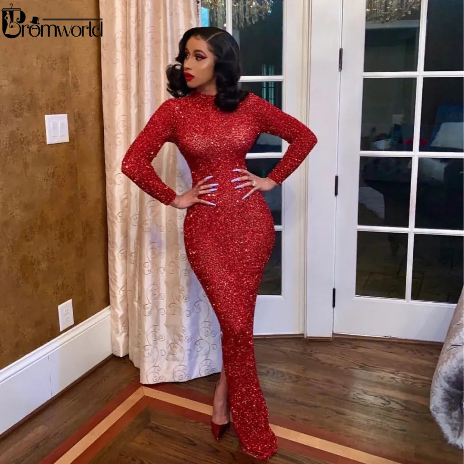 Блестящие красные мусульманские Вечерние платья Дубая 2021 с блестками и разрезом