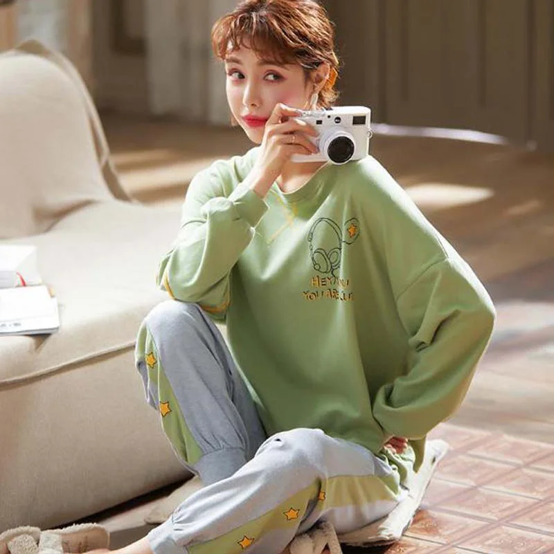 

Cotton Pajamas Women Loose Print Pajama Set for Women Sleepwear Home Suits Lounge Wear Female Kawaii Knitted Pajamas Night