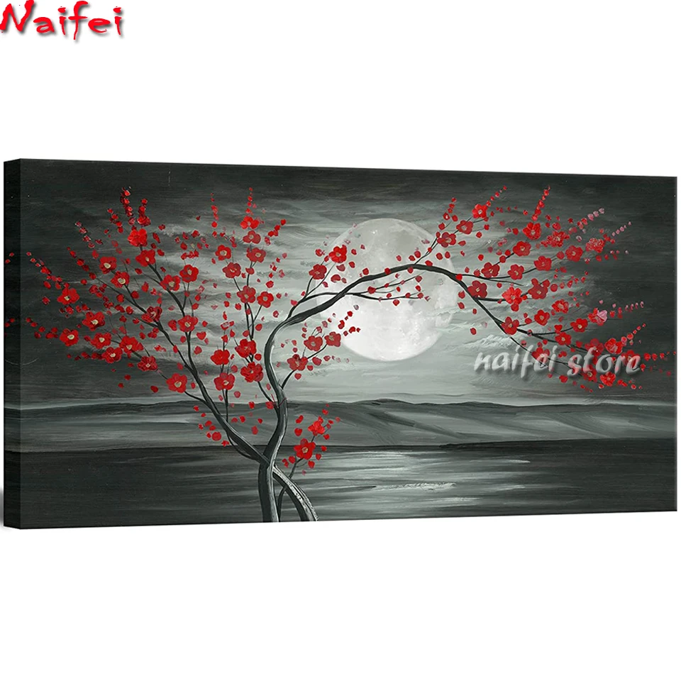 

5D DIY Diamond Painting Grey and Red Plum Blossom Tree and Full Moon Landscape DIY 5D Diamond Embroidery Cross Stitch kits