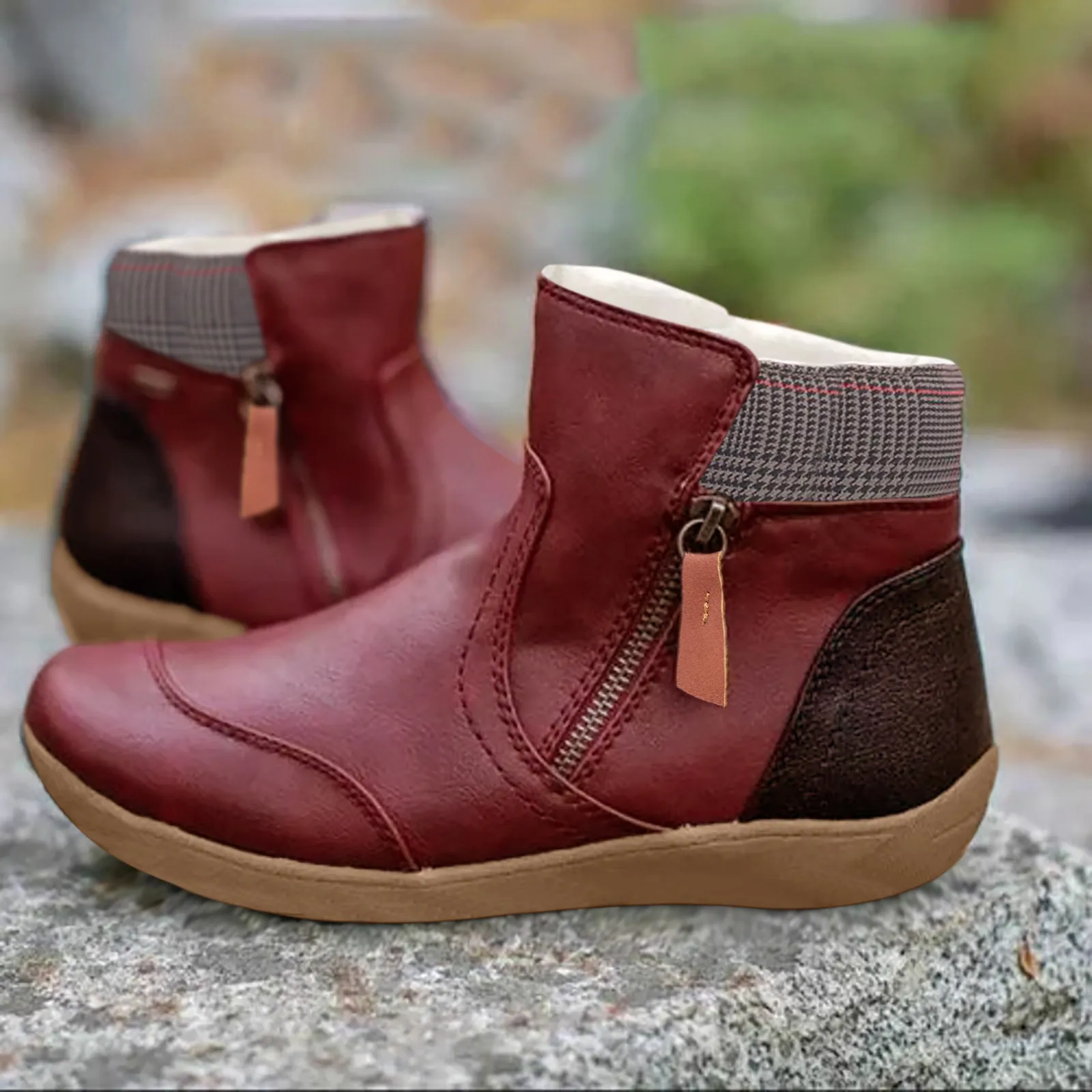 

Women's Boots Plus Size Ladies Autumn Winter Vintage Splicing Round Toe Plus Velvet Zip Up Short Ankle Boots Warm Shoes Mujer