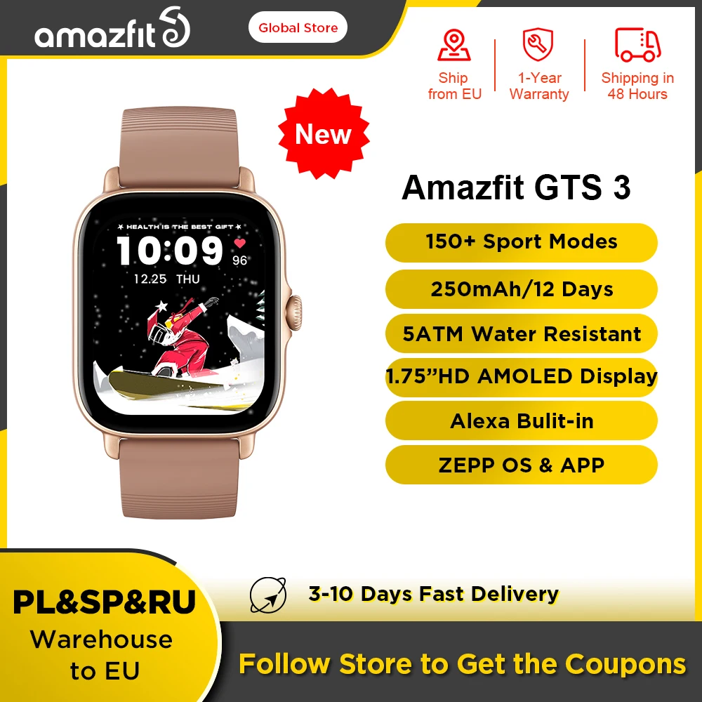 Новые умные часы Amazfit GTS 3 GTS3 GTS-3 со встроенным GPS-приемником Alexa 5 ATM