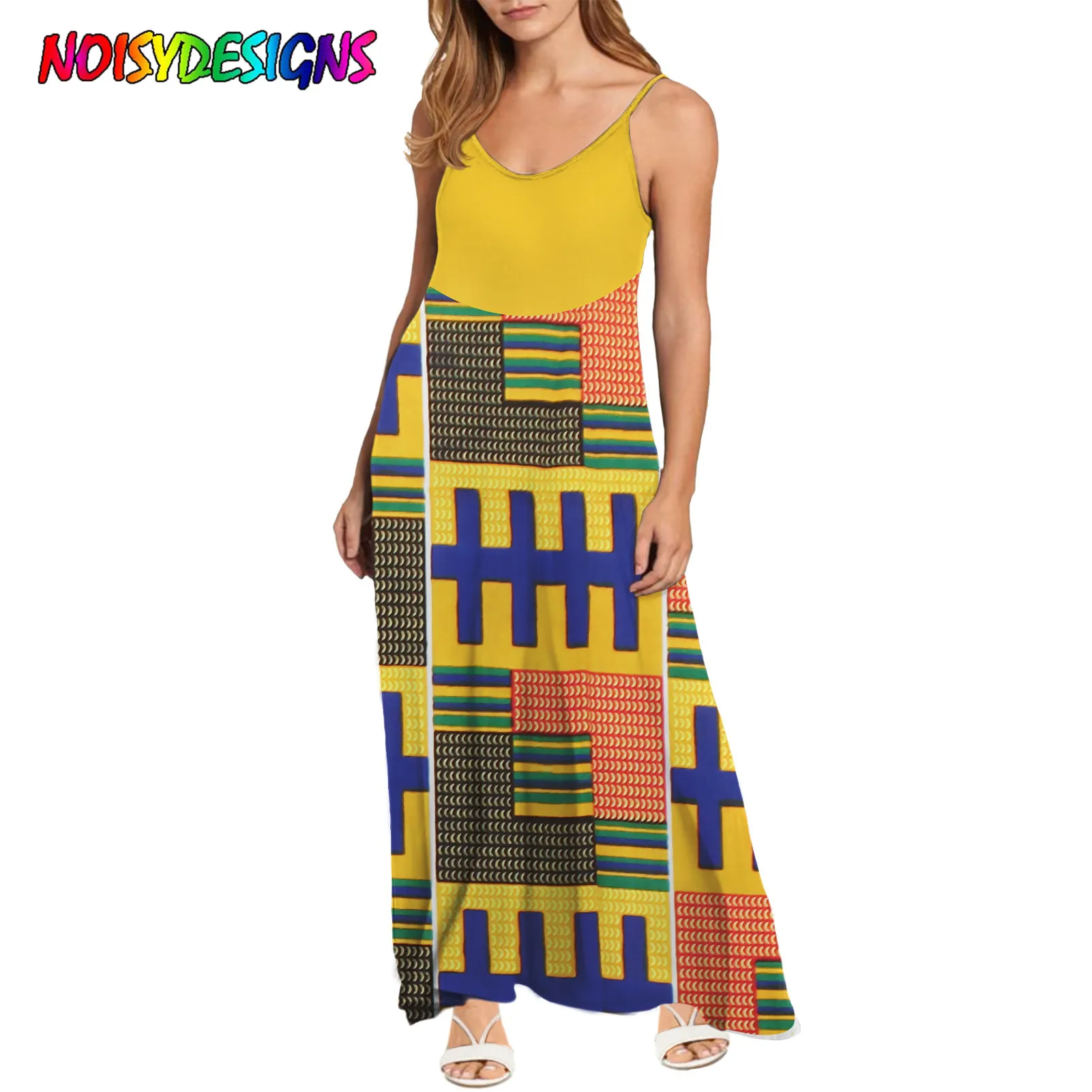 

NOISYDESIGNS 2021 Women's New Fashion Loose Casual Ladies African Tribal Ankara Prints V-Neck Sling Dress Beach Sleeveless Dress