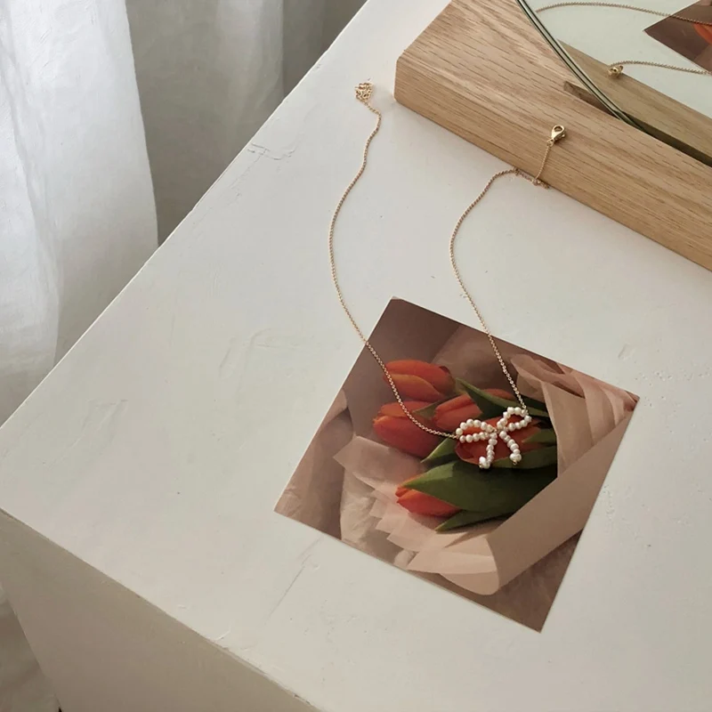 

Women Chain Necklace Elegant Fresh Water Pearl Bowknot Choker Jewelry For Women Girls Wedding Chain Necklace Bijoux Colares