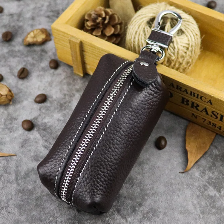 Dark Brown Genuine Leather Car Key Protection Case Men Keychain Coin Purse Casual Housekeeper Holders Zipper Key Covers Wallet Unisex - Цвет: Dark Brown