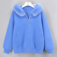 2021 fall new fur collar hooded sweater jacket women solid color slim faux mink fleece cardigan korean zip up soft knitted coats