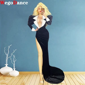 New Black Big Sleeves Bodysuit Long Tail Dress Birthday Dance Outfit Women Singer Evening Clothing