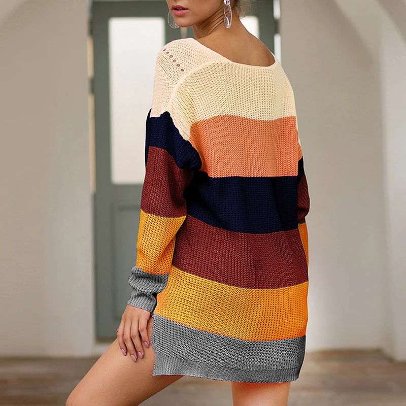 Женские радужные свитера больших размеров зима 2019 Разноцветные полосатые