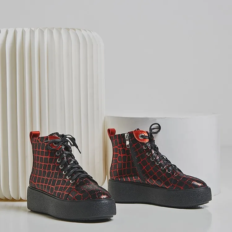 MLJUESE коллекция 2020 года женские ботильоны из коровьей кожи в клетку Цвет Красный