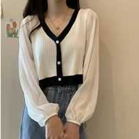 2021 solid pull femme v neck knitted women sweater gauze patchwork long sleeve jersey mujer spring autumn black sueters de mujer