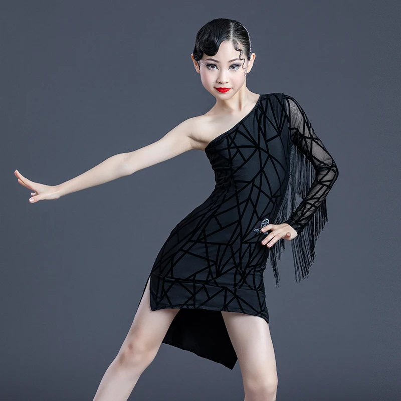 

New Kids Latin Dance Dresses For Girls Oblique Shoulder One-Sleeve Black Fringe Dress Practice Wear Latin Dance Clothes