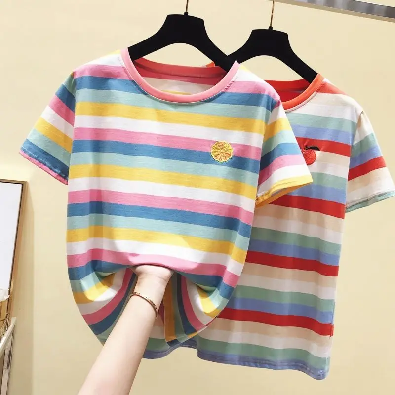 

Cotton Striped T-shirt Women Short-sleeved 2021 Summer New Style Korean Loose Orange Embroidery T-shirt Top