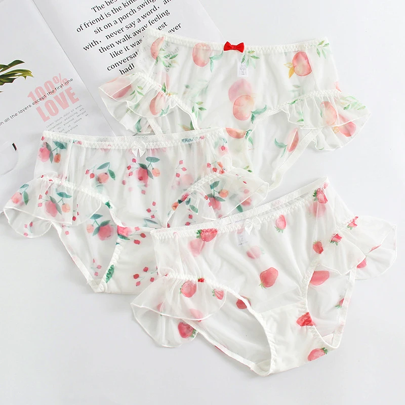 

New 3Pcs/lot Cute Thin Net Yarn Perspective Lady Intimates Sexy Lingeries Underwears Women Panties Plus Size 7L Girl's Briefs