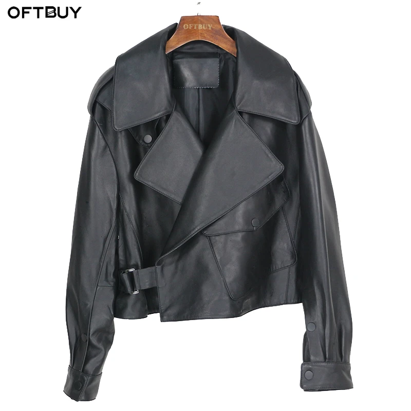 Женская мотоциклетная куртка OFTBUY черная Свободная из натуральной овечьей кожи
