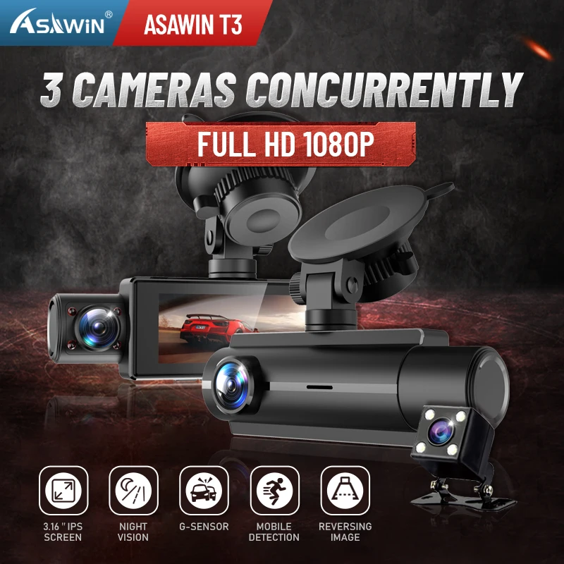 $79.88 3 Ways Dash Cam for Car DVR 1080P Camera 3 Lens Night Vision 3.16 Inch Ips Screen G-sensor Reversing Image