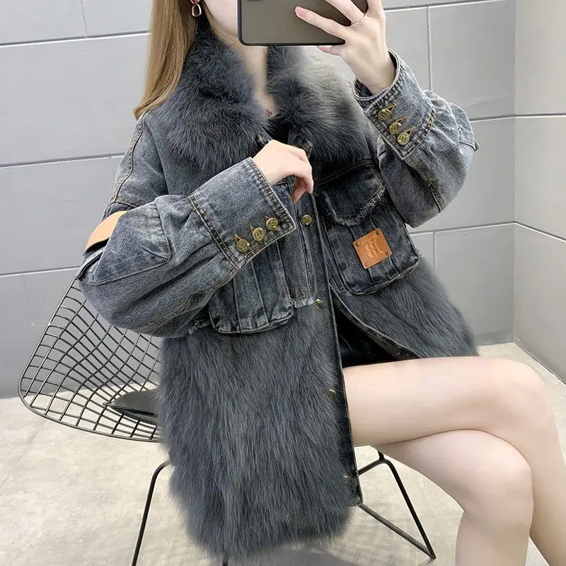 Women New 2022 Autumn Winter Faux Fox Fur Collar Jackets Female Fashion Short Denim Coats Ladies Elegant Big Pockets Jackets G02