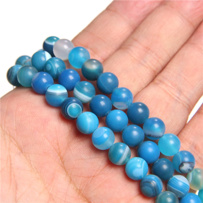 

4 6 8 10 12 MM smooth Matte Natural blue round agates Stone Beads loose Blue Stripes Agates Spacer Stone Bead for Jewelry Making
