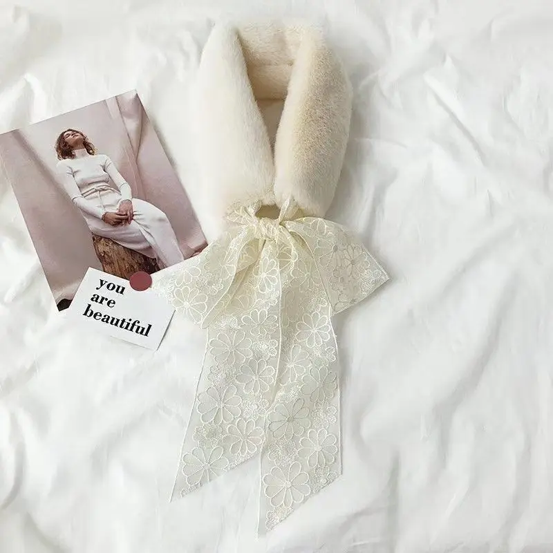 Бежевый корейский кружевной модный осенне-зимний женский пушистый плюшевый шарф