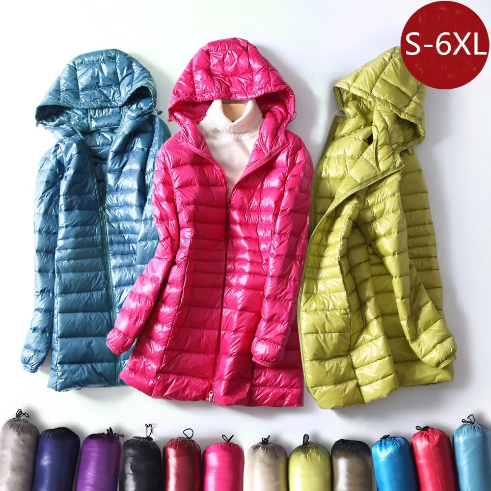 S ~ 6XL осенне зимняя женская куртка пуховик на белом утином пуху тонкие парки