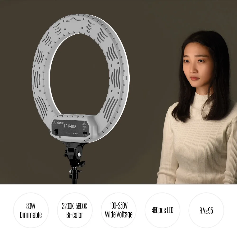 

18" LED Video Ring Light Kit w/2m Light Stand/Mirror/Phone Holder/Bag 80W Dimmable 3200K-5800K Bi-color Video Studio Lighting