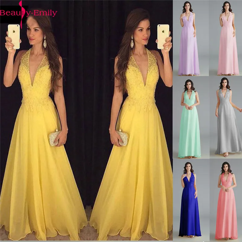Beauty Emily шифоновые желтые платья подружек невесты 2020 v образный вырез тяжелые бусы