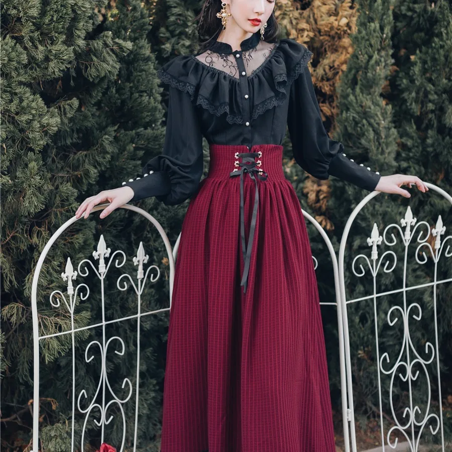 

Autumn Vingtage Shirt And Skirt Women 2021 Black Long Sleeve Lace Shirt A-Line Red Long Skirt Two Piece Set Elegant Women Set