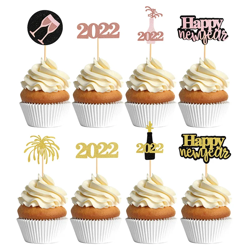 4 Uds Feliz A&ntilde;o Nuevo Cupcake Topper selecciones de pastel para A&ntilde;o Nuevo 2022 Eve cumplea&ntilde;os Navidad tarta casera decoraci&oacute;n de fiesta bandera-1