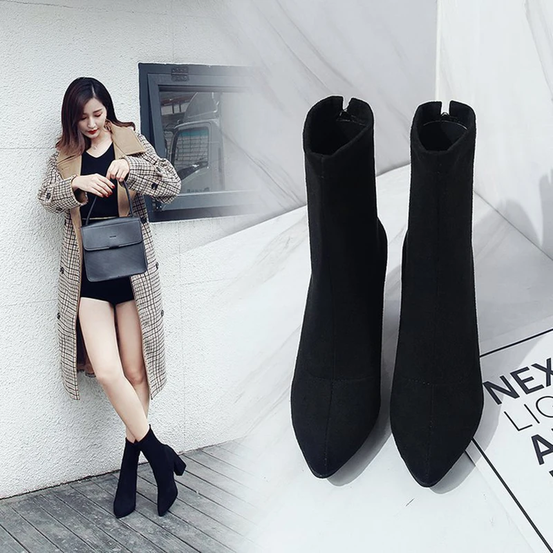 

Fashion Women Ankle Boots Thick Heels Shoes Female Newest Pointed Toe Ladies Shoe High Quality Brand Woman Zipper Super High