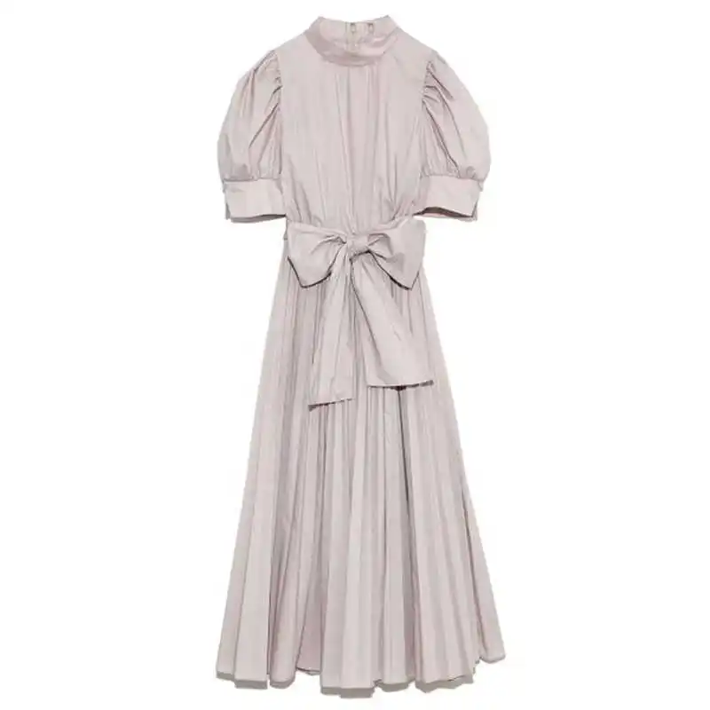 

Elegant Stand Collar Chic Drawstring Bow Vestidos Japan Style Sweet Puff Sleeve Woman Dress 2021 Spring Summer High Waist Robe