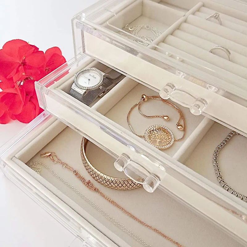 

Women'S Jewelry Box with 3 Drawers, Transparent Jewelry Storage Box with Flannel Bottom