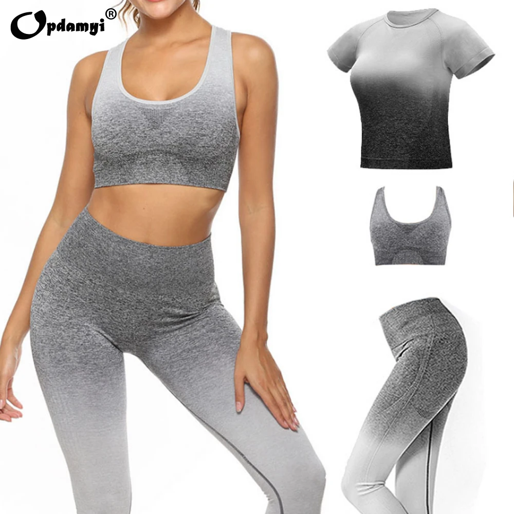 Женский спортивный костюм для йоги Омбре бесшовные леггинсы + короткий рукав