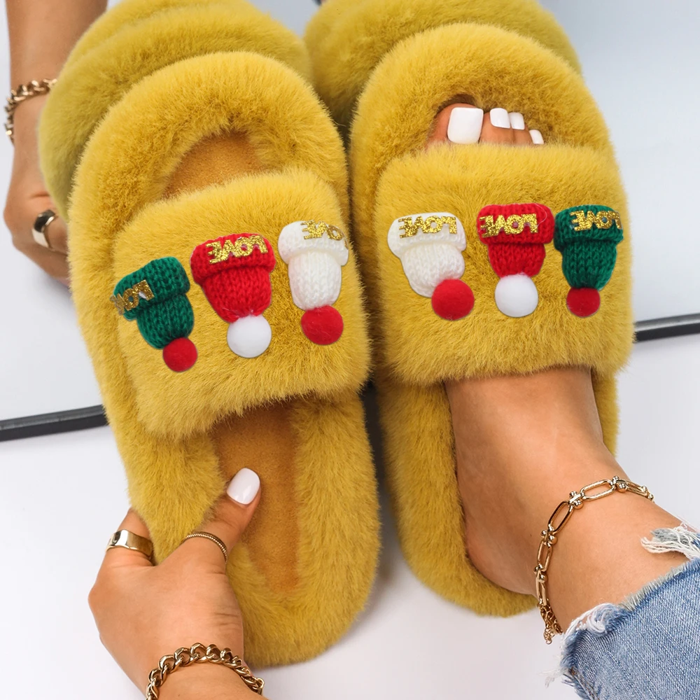 Furry Slippers Women Christmas woolen hat Decor Faux Fur Slides Ladies Flip Flops Designer Fur Sandals Bedroom Slippers Shoes