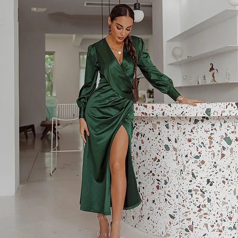 

New Arrival Sexy V Neck Prom Dresses Green Satin High Split Christmas Dinner Dress Female Bandage Dress Robe de Soire de Mariag
