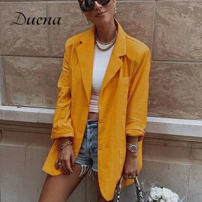 

Duena Shoulder Pads Women Blazer Green Loose Oversized Suits Ladies Chic Pure Full Sleeve Jacket Autumn Winter Coat