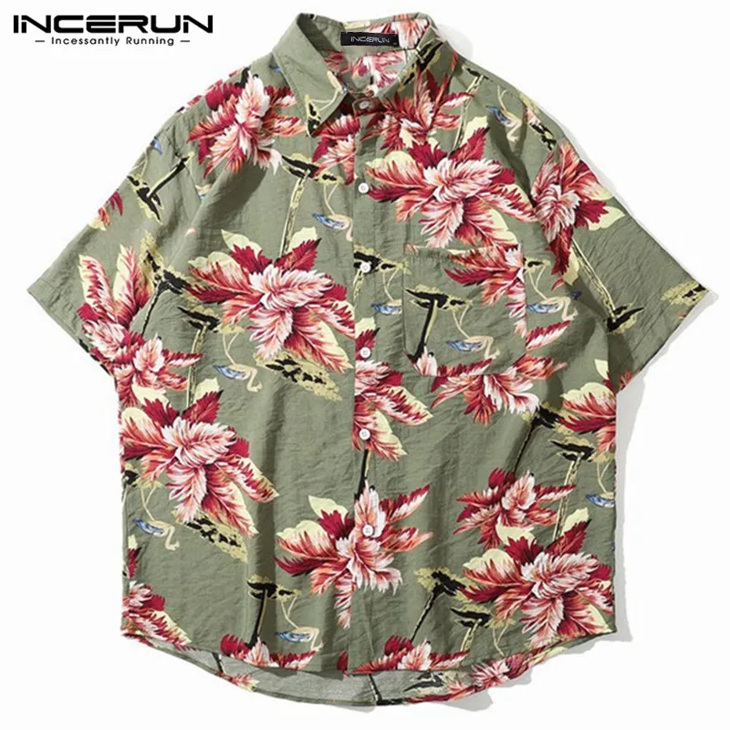 

Рубашка INCERUN мужская с принтом, короткий рукав, Повседневная пляжная Гавайская блуза с тропическим отворотом, брендовая уличная одежда, 5XL, л...