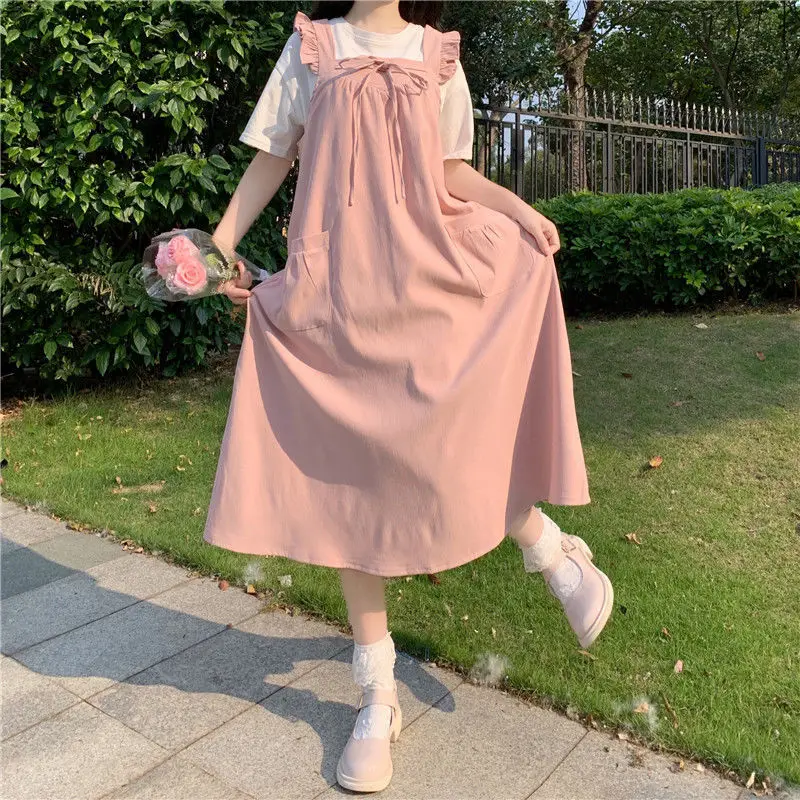 Lolibook летнее милое платье средней длины на бретелях женское розовое симпатичное