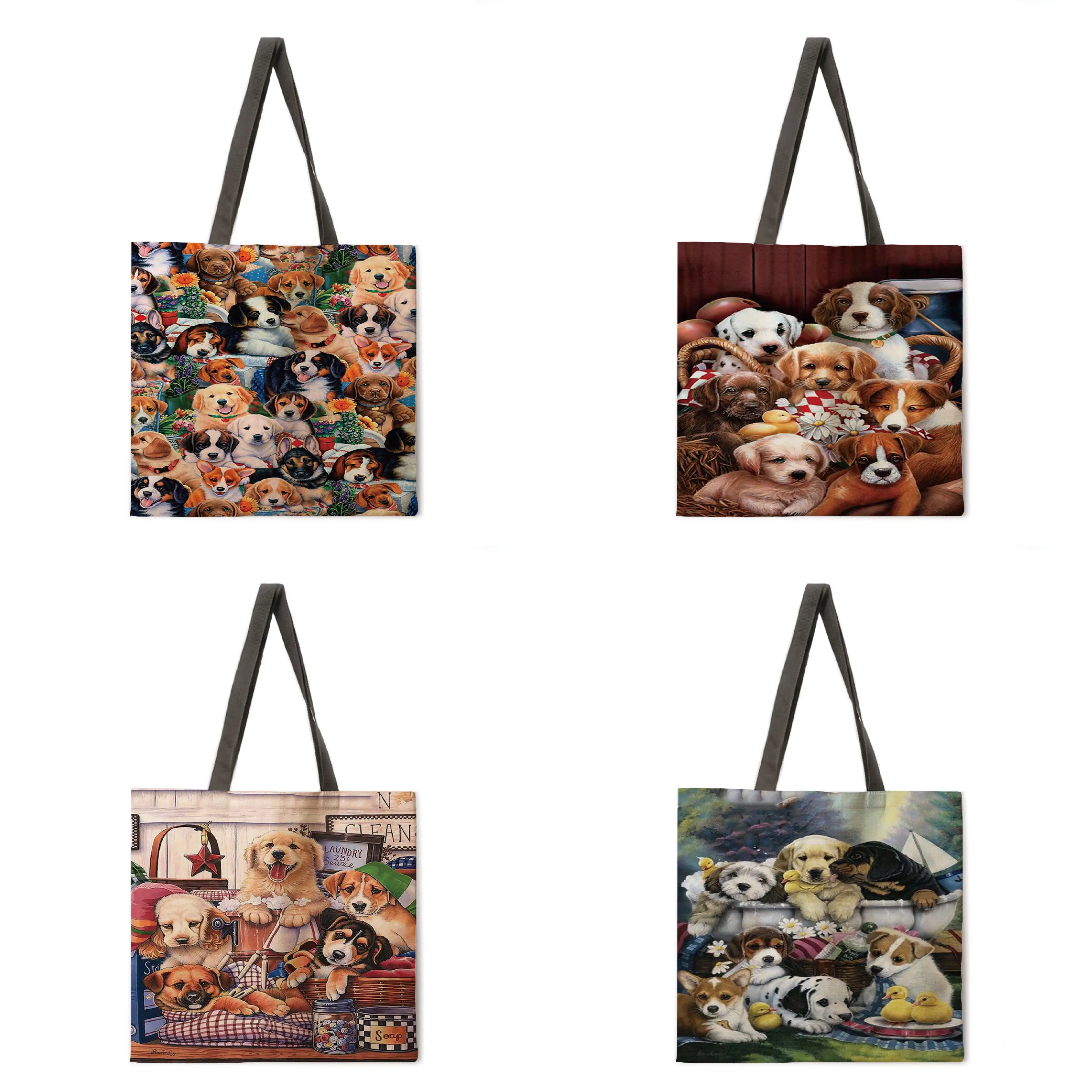 

Oil painting dog print handbag leisure handbag beach bag ladies shoulder bag foldable shopping bag reusable fashion bag