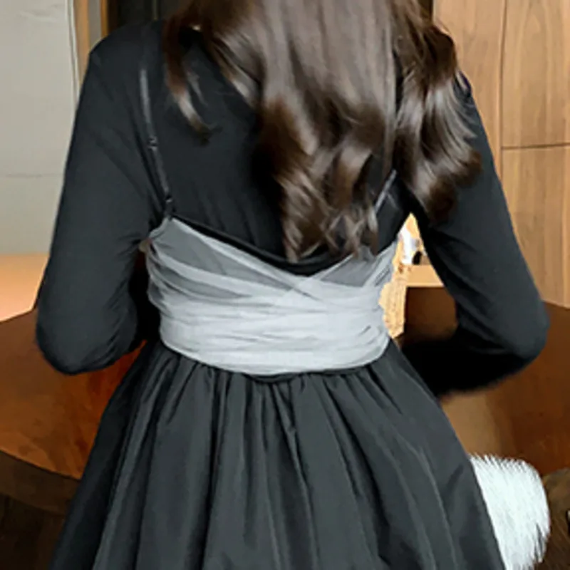 

Fashion 2 Piece Sets For Ropa Mujer Spring Black Mini Dress+mesh Vest Sets Chic Puff Kobieta Sukienka Sets Goth Vestido De Mujer