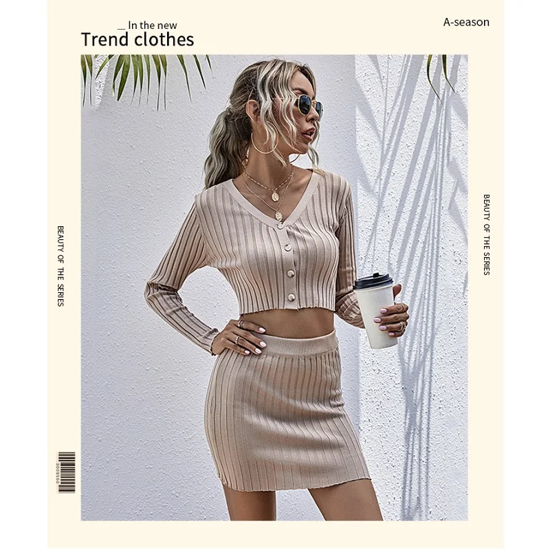 

ZOGAA Dress Sets Women Sexy Spring New All-match Thin Knit Sweater Casual Suit Women's Two-piece Clothing Hot Sale Solid V-Neck