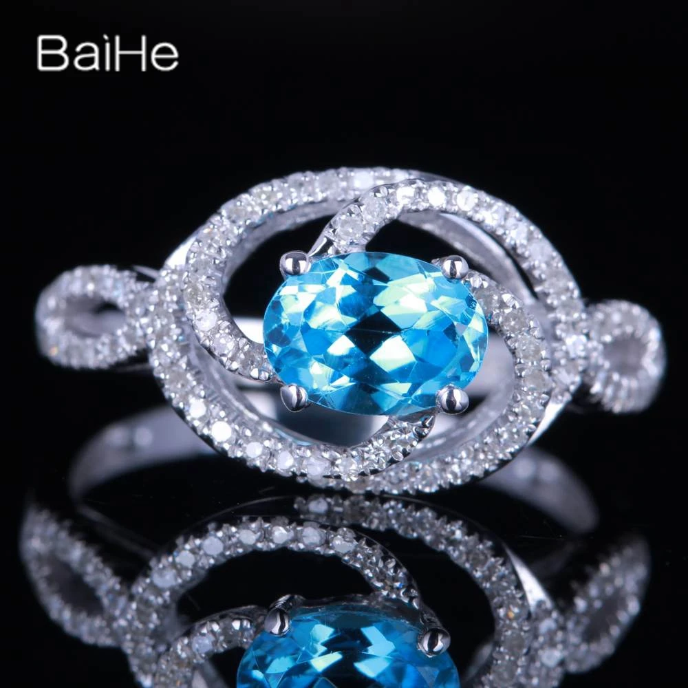 

BAIHE Solid 14K White Gold(AU585) 0.65CT Oval Flawless Genuine Blue Topaz Wedding Women Trendy Fine Jewelry Blue Topaz Ring