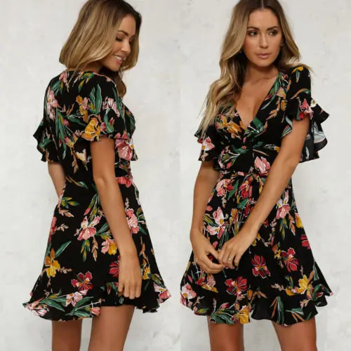 Fashion Women Boho Floral Summer Beach Long Party Dress Ruffles V-Neck Mini | Женская одежда