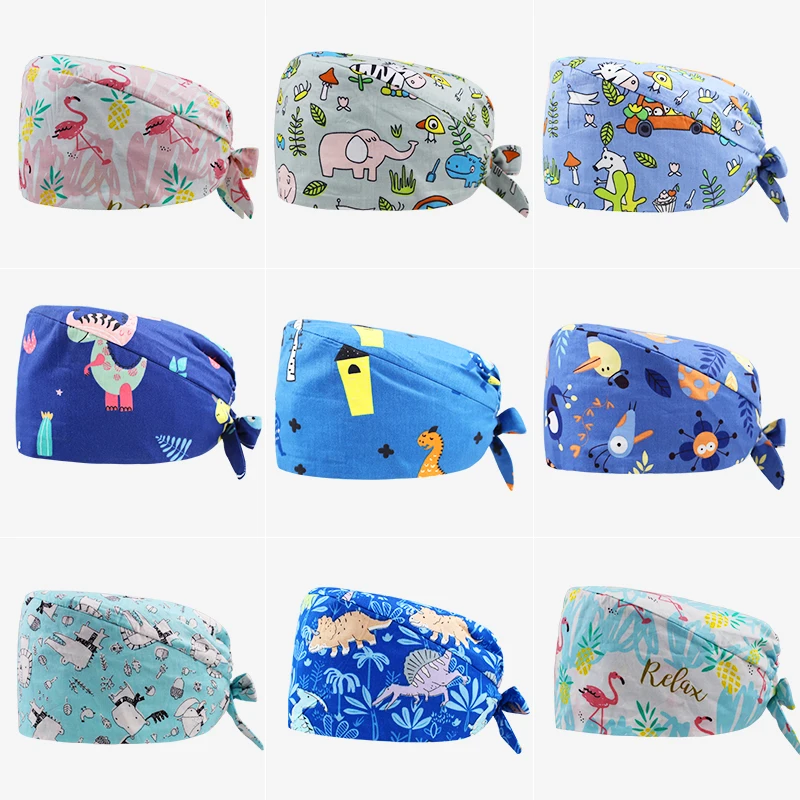 

Pet Clinic Laboratory Dust Cap Nurse Print Cap Beautician Cotton Scrub Hat Unisex Adjustable Chef Hat Multicolor Optional