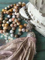 long hand knotted crazy lace agate stone sari silk tassel pendant necklace for girls