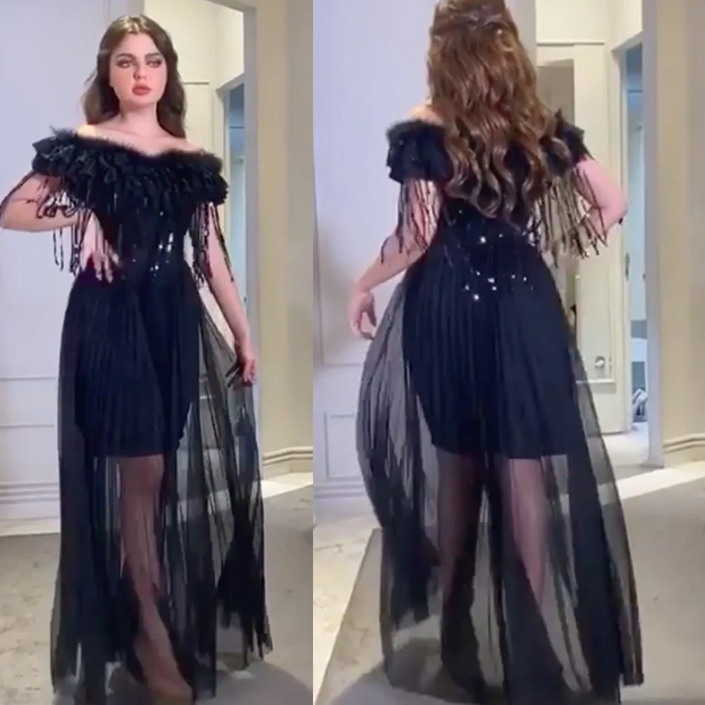

black prom dresses 2020 off the shoulder lace sequins sparkly beading tassel a line long evening dresses