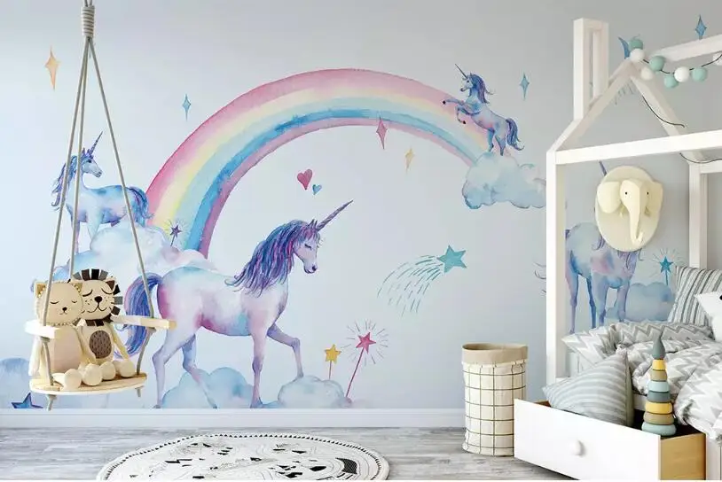 CJSIR Customize Wallpaper Mural Fresh Watercolor Hand Painted Tianma Rainbow Unicorn Children Background Wall 3d Decor | Обустройство