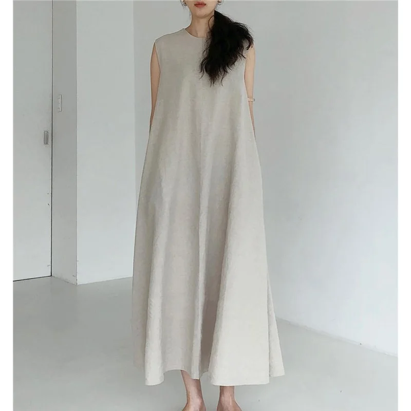 

Sleeveless Dress Vintage Loose Plus Size Solid Color Cotton Linen Women Long Dress Korean Fashion 2021 Summer New Robe Dress