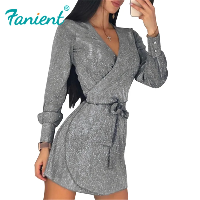 Женское мини платье с блестками и v образным вырезом на шнуровке длинным рукавом